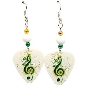 Green Treble Clef Music Note on Guitar Pick Beaded Earrings - Handmade in USA